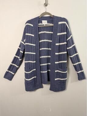 Pink Rose Women’s Open Front Cardigan Sweater Size Med Blue & White Striped